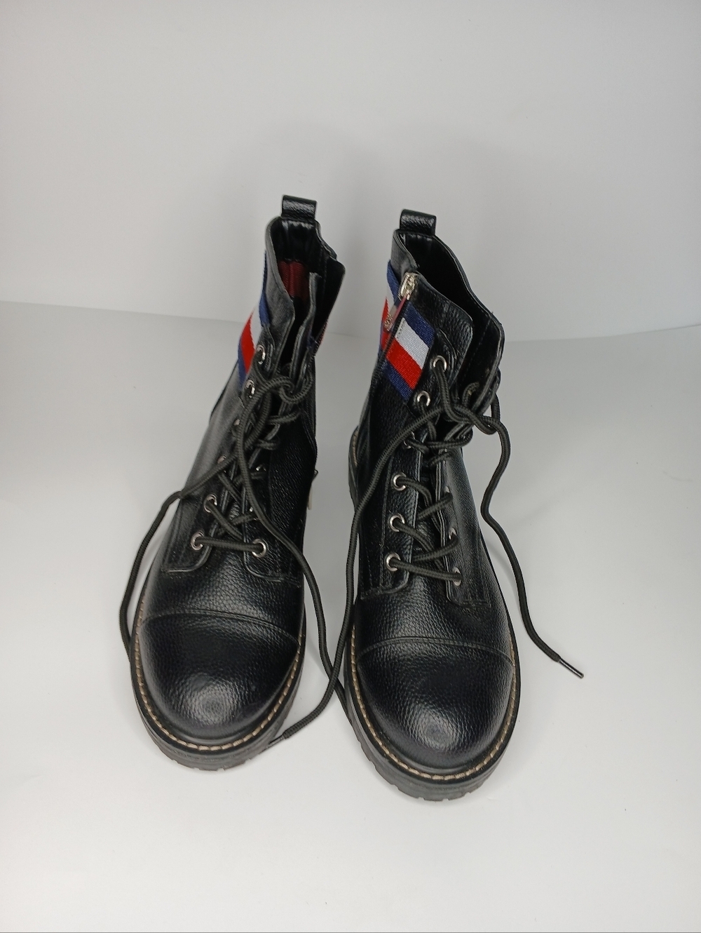 Tommy Hilfiger Black Leather Ankle Boots Size 10 | Chunky Sole Lace-Up | Casual